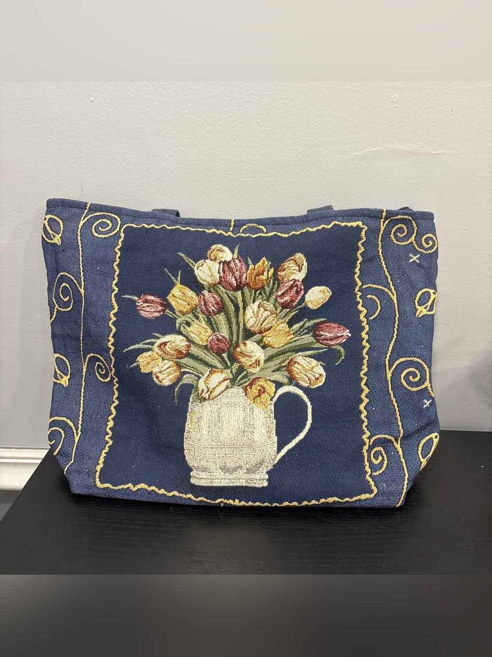 Woven Navy Floral Tapestry Tote with Tulip Motif  cottage core bag purse satchel